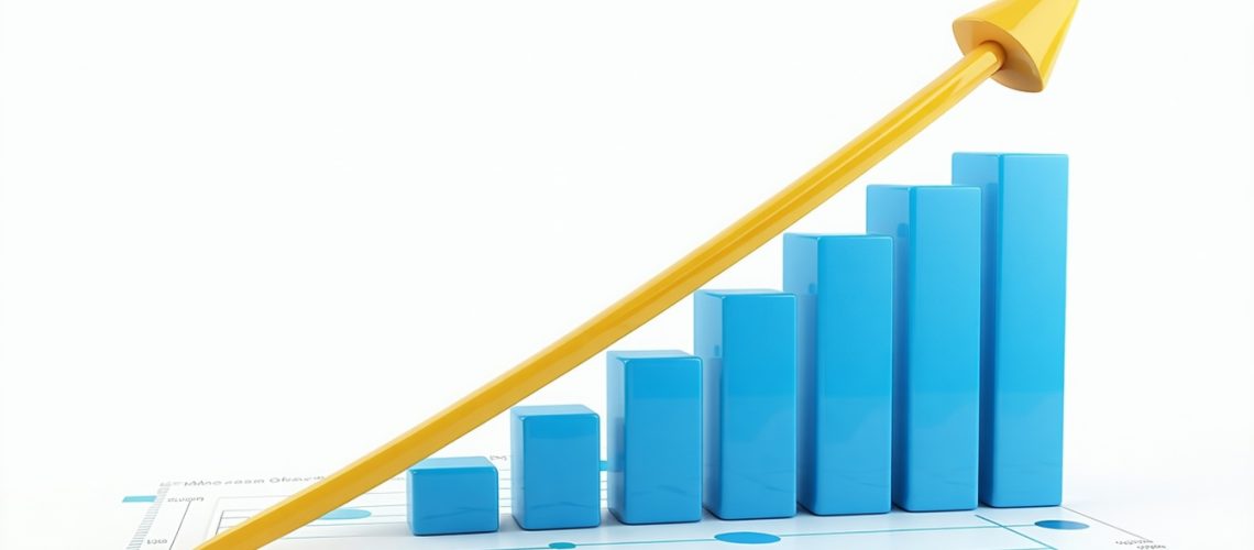 Rising bar graph with yellow arrow indicating growth.